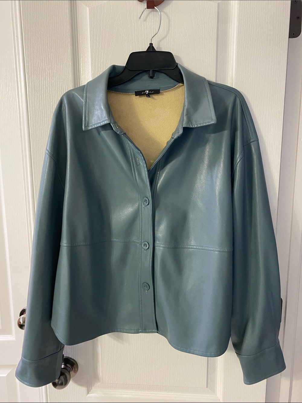 7 For All Mankind Teal Button-Front Vegan Leather Jacket